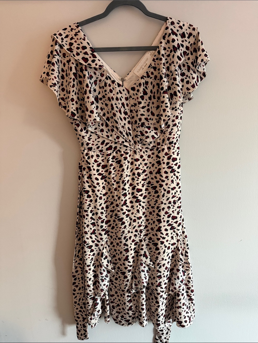 Cream Animal-Print V-Neck Midi Dress with Burgundy Spots